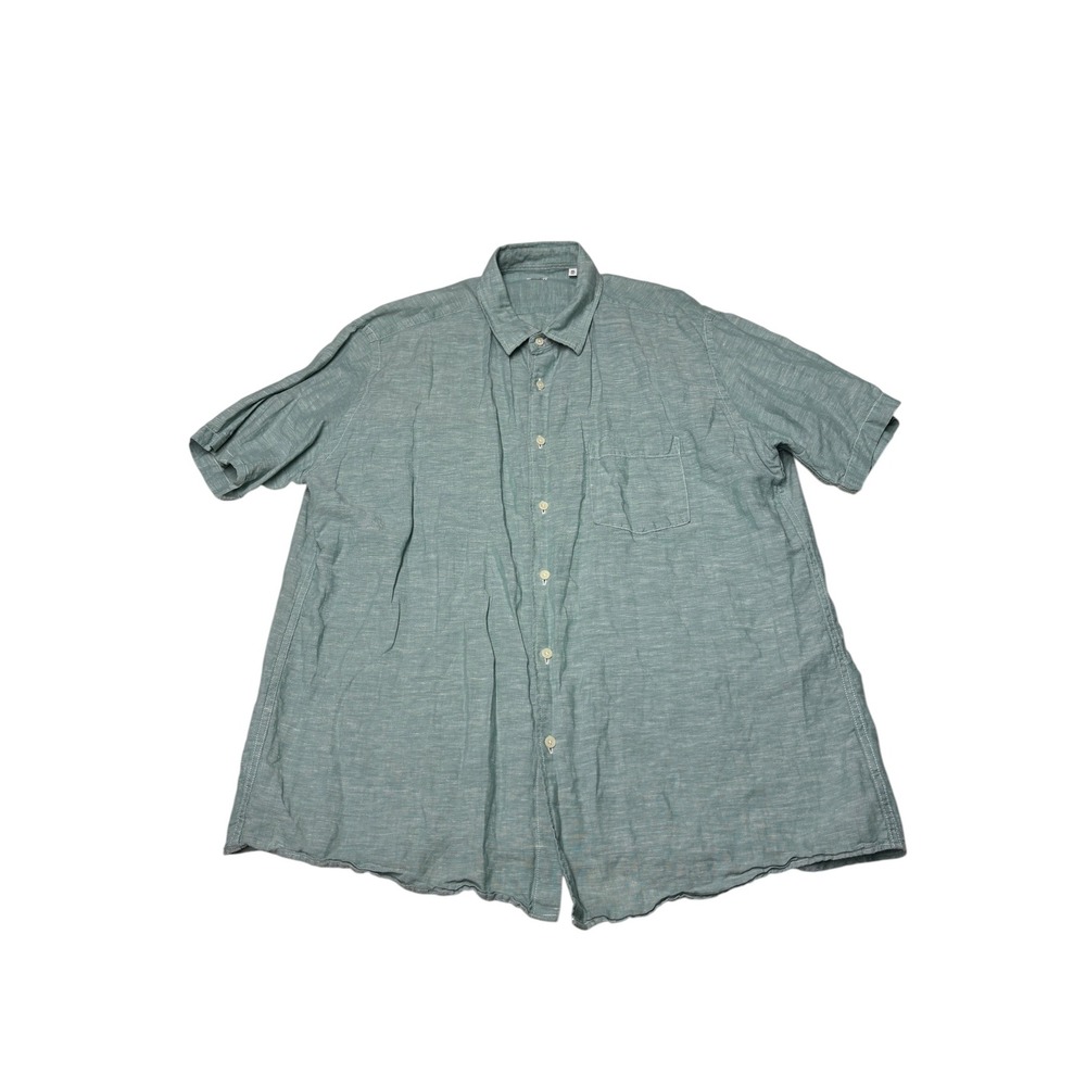 Uniqlo XXL Mens Sage Green Linen Cotton Blend Short Sleeve Button Down